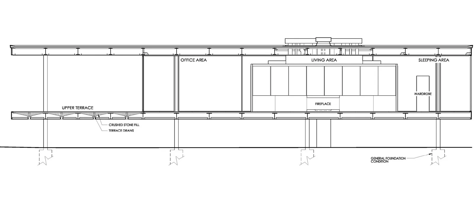 Section A-A of the Farnsworth House, HABS measured drawing with slab, columns and core in lines